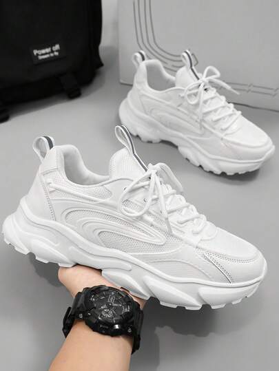 男士时尚简约纯白色网眼拼接系带休闲厚底运动鞋，柔软舒适的青少年运动鞋，适合户外和校园风格的情人节创意
