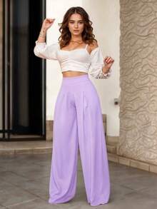 Pantalón Holgado Elegante con Corte Tipo Campana sin Bolsas para Mujer - Lila Púrpura - Ver 3