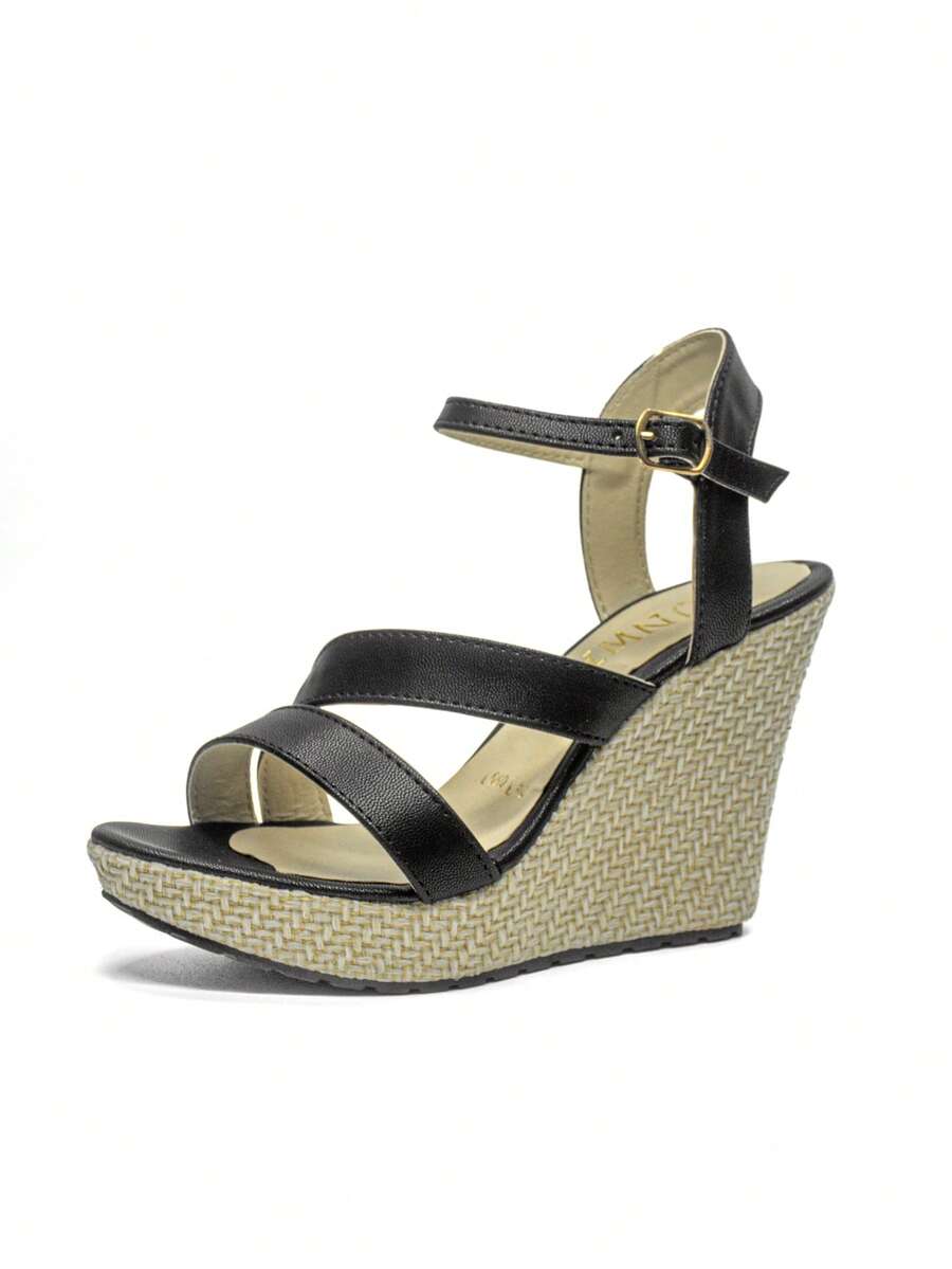 Zapatilla de moda para mujer tipo alpargata, cuña o de plataforma ancha, cómoda y con gran soporte, con elegante acabado en mate y con ajuste en el tobillo, ideales para uso diario para salidas casuales, para uso en interiores y exteriores, para salidas a la playa, salidas de campo, salidas en calor, ofreciendo un toque de estilo, confort y glamour que resaltan la sofisticación en el calzado femenino. - Negro - Ver 1