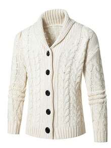 Men's Shawl Collar Buttoned Cardigan Sweater With Texture Knit, Thick Long Sleeve Winter Fisherman Casual Jacket - White - View 5