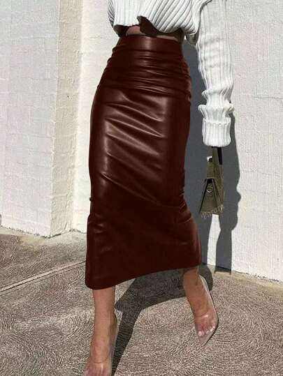 Women Solid Color High Waist Pleated PU Leather Long Skirt, Fashion