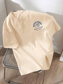 Letnia koszulka dla nastolatek z nadrukiem w litery i fale, luźnym krojem i krótkim rękawem, z okrągłym dekoltem i opadającymi ramionami, idealna do szkoły, na wakacje i na zakupy - Morela - Zobacz 3