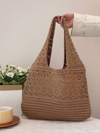 Summer Lightweight Casual Hollow Beach Bag Woven Shopping Crochet Tote Bag, Large Capacity Handbag, Suitable For Travel, Outdoor And School. Can Hold Books Multifunctional Kitchen Storage Lunch Bag, Suitable For Beach Vacation Or Easy Carrying, Elegant Mother's Day Gift For Mom, Wedding Season