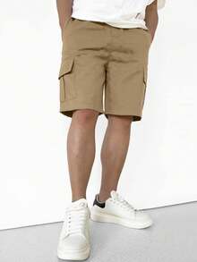 1 件青少年男孩休闲灰色户外口袋工装短裤，适合春夏季