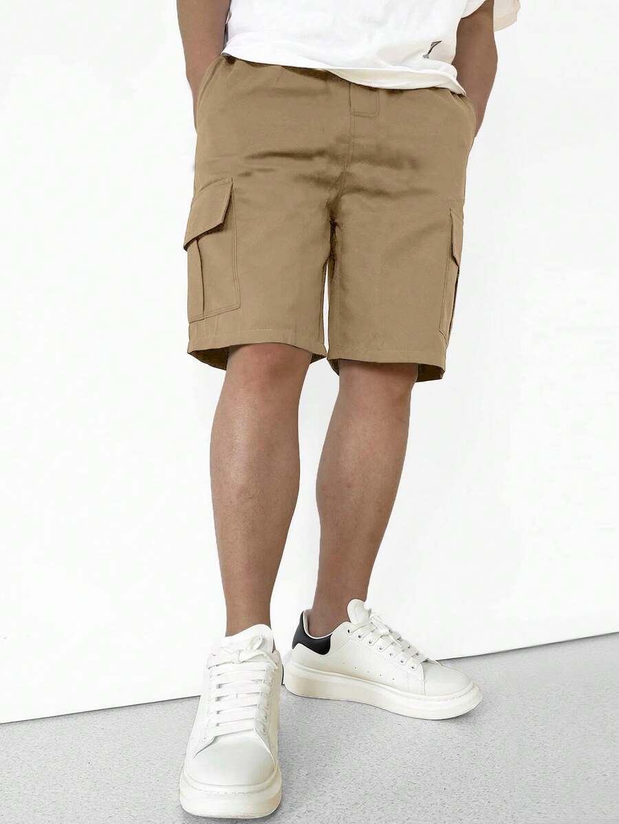 1 件青少年男孩休闲灰色户外口袋工装短裤，适合春夏季