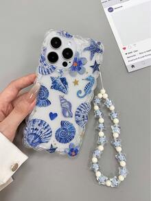 编织波浪边优雅 TPU 花朵、海星、贝壳彩绘防震手机壳配装饰串珠手链，兼容 16/11/16pro/16plus/16promax/16e/15Promax/13/14/12/XS/XR/7G/8PXR /7/8，彩绘适用于 15 ProMax、 13、 14，防摔软壳兼容 12/14 防水防刮 - 彩色 - 查看 4