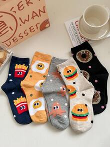 5 Pairs Men & Women Cartoon Hamburger & French Fries Print Casual Short Socks, Soft & Comfortable, Suitable For Daily, Party, Gift, School, All Seasons - Multicolor - View 1