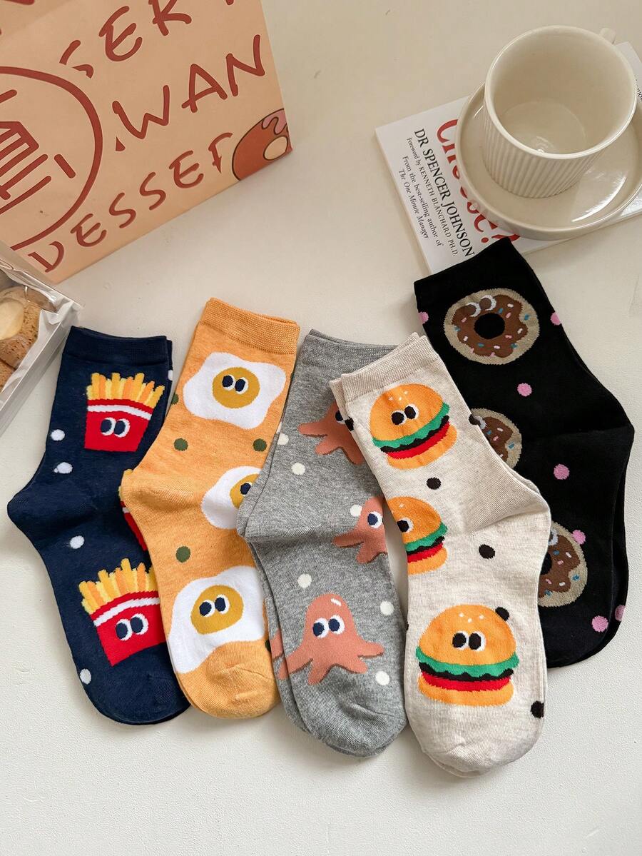 5 Pairs Men & Women Cartoon Hamburger & French Fries Print Casual Short Socks, Soft & Comfortable, Suitable For Daily, Party, Gift, School, All Seasons - Multicolor - View 1