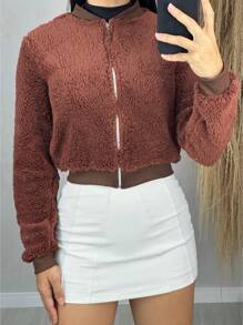 Jaqueta Teddy Pelúcia Feminina Casaco Cropped Tedy Inverno  Simples