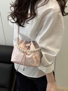 1 pieza Bolso de cubo con cordón de tela estampada, con correa de cadena, bolso de hombro con decoración de perlas bordadas, diseño lindo de mariposa, bolso de fiesta de noche para dama, bolso de moda adecuado para fiestas, vestidos de noche y uso diario de las mujeres - Rosa - Ver 5