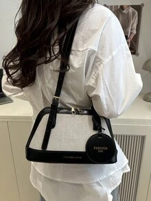 Bolso de mano de mujer con cremallera en la parte inferior, de diseño a bloques de color, de moda - Negro - Ver 2