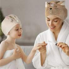Microfiber Hair Towel For Kids- Soft Super Absorbent Rapid Drying Hair Towel Wrap Turban For Girls With 2 Buttons- Anti-Frizz For Thicker Curly Long Hair, 2 Packs, Kitty