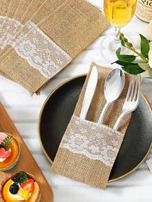 10/20/50 Pcs/Set Linen Cutlery Bags, Linen Knife Fork Bags With Lace, Lace Utensil Holder Bags, Cutlery Napkin Silverware Bags, Christmas Silverware Holders, Wedding Table Decoration, Wedding Decorations, 21*11cm - Brown - View 5