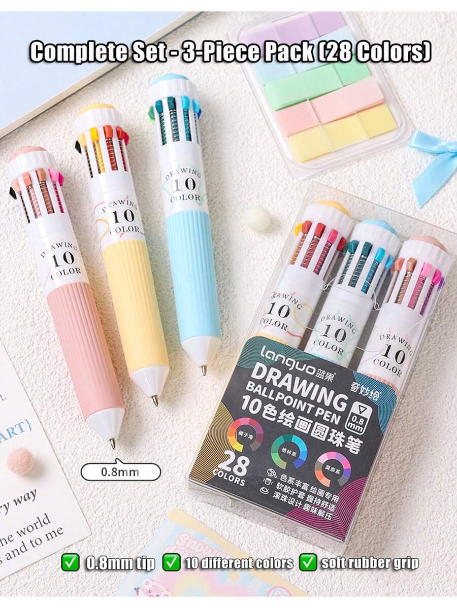 Languo 60-Color Oil-Based Ballpoint Pen - 10-Color Combined With 1-Color Multi-Color Pen For Diary Writing, Drawing And Note-Taking - 0.8mm Cute Cartoon Soft Grip Gel Pen, Gel Pen - Student Comic Drawing Colored Ballpoint Pen, Notebook Pen, Creative Stationery