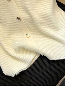 Short Sleeve Summer Regular-Shoulder Polo Neck Cropped Knitted Top - Beige - View 4