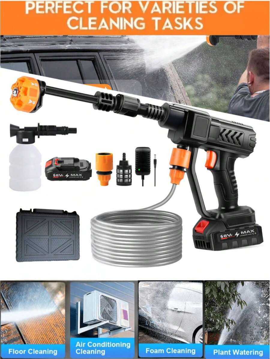 1 件无线便携式高压水枪 - 户外洗车工具，性能强劲，多个档位自由调节，可强力清洗车内污渍，可用于浇花、清洁地板等。适用于洗车、庭院、家居清洁等，多种功能和场景均可使用！家庭最佳助手！