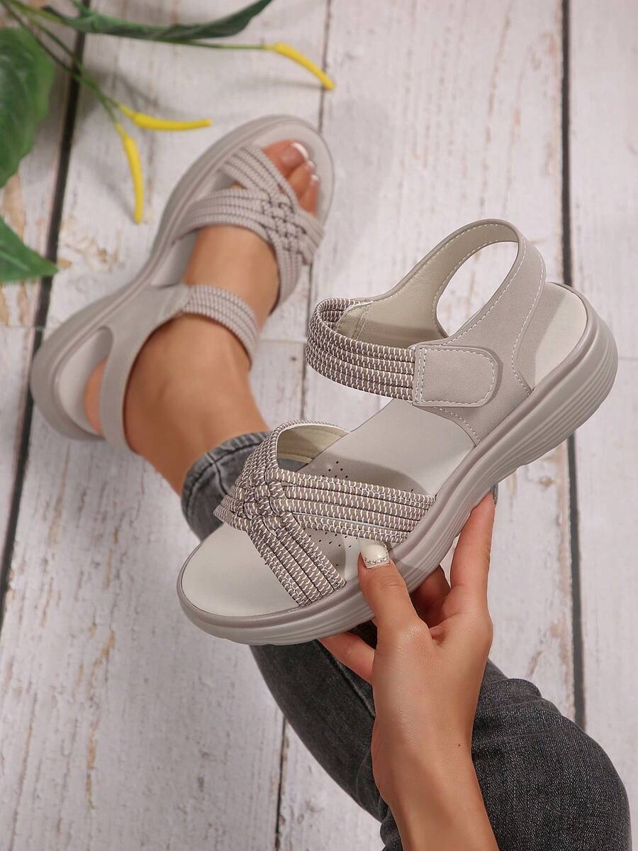 Summer 2025 New Cross-Border Casual Plus Size Hook-And-Loop Strappy Comfortable Peep-Toe Sandals For Women - Beige - View 1