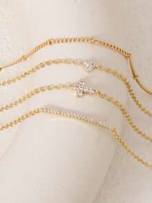 Bộ 4 vòng tay nhiều lớp đính đá Cubic Zirconia thời trang hình thánh giá và trái tim dành cho nữ, trang sức dự tiệc sinh nhật, quà tặng tuyệt vời nhất (Số lượng hạt ngẫu nhiên) - Vàng - Xem 2