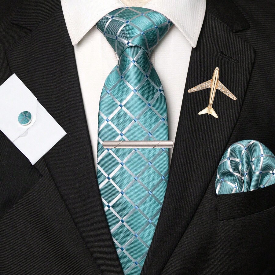 1pc/2pcs/3pcs/4pcs/5pcs Men's Water Duck Blue Plaid Silk Necktie, Patterned Satin Silk Tie, Pocket Square, Cufflinks, Silver Tie Clip And Hexagram, Airplane, Music Note, Lightning Brooch Combo Sets, Great Gift For Men, Suitable For Wedding, Business, Formal, Date, Banquet, Wedding Photo, Graduation Season And More Occasions - Teal Blue - View 1