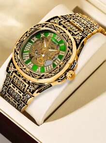 1 pièce Montre-bracelet mécanique avec cadran squelette en acier inoxydable pour homme, design lumineux vert, mode et