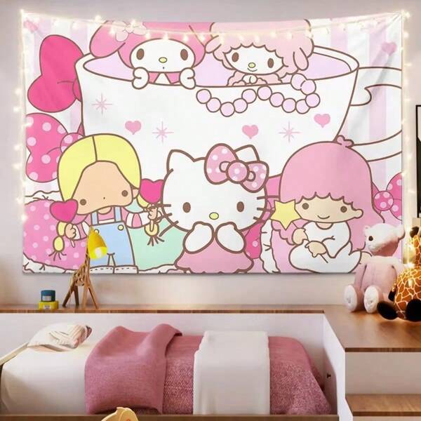 Sanrio 1 pièce Toile de fond mignonne de dessin animé pour enfants de la bande dessinée Sanrio Kuromi Melody, décoration murale pour chambre de fille, toile murale mignonne de Kulomi