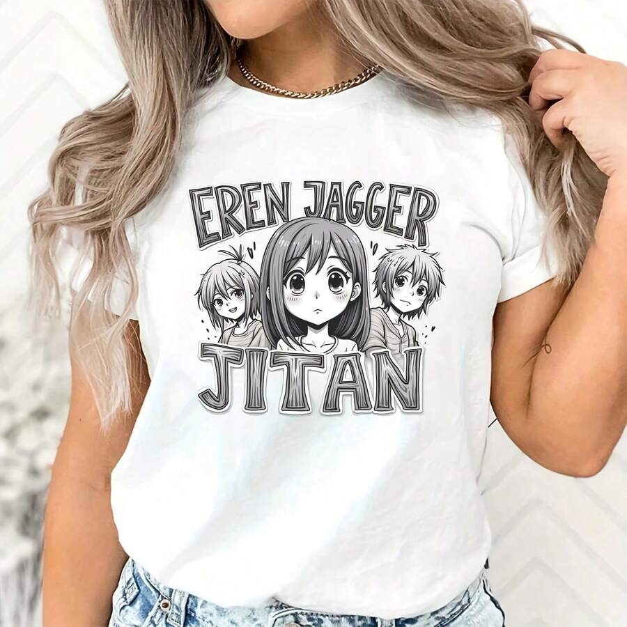 Eren Jagger Jitan Anime Style All Season 220g Cotton Single Sided Printed Crew Neck Short Sve T Shirt - White - View 1