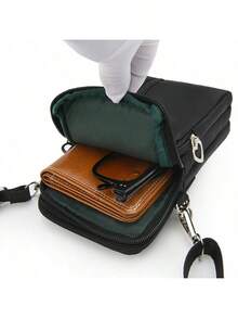Solid Color Nylon Unisex Shoulder Sling Bag, Vertical Style Wallet, Coin Purse, Phone Pouch With 4 Zippers - Black - View 5