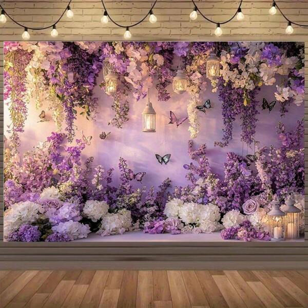 1 pièce, Tissu de fond thématique floral violet avec lanternes, papillons et fleurs - Beau fond de photographie convenant pour la beauté, les fêtes et les célébrations - Matériel professionnel, sans alimentation électrique, parfait pour les activités intérieures et extérieures, fond de fête | Décoration élégante | Tissu durable, décoration florale