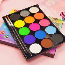 Set de 15 colores de pintura facial a base de agua, incluye 2 pinceles, fluorescente (brilla bajo luz UV), adecuado para festivales arcoíris, Halloween, Navidad, fiestas, carnavales, celebraciones, actuaciones en el escenario