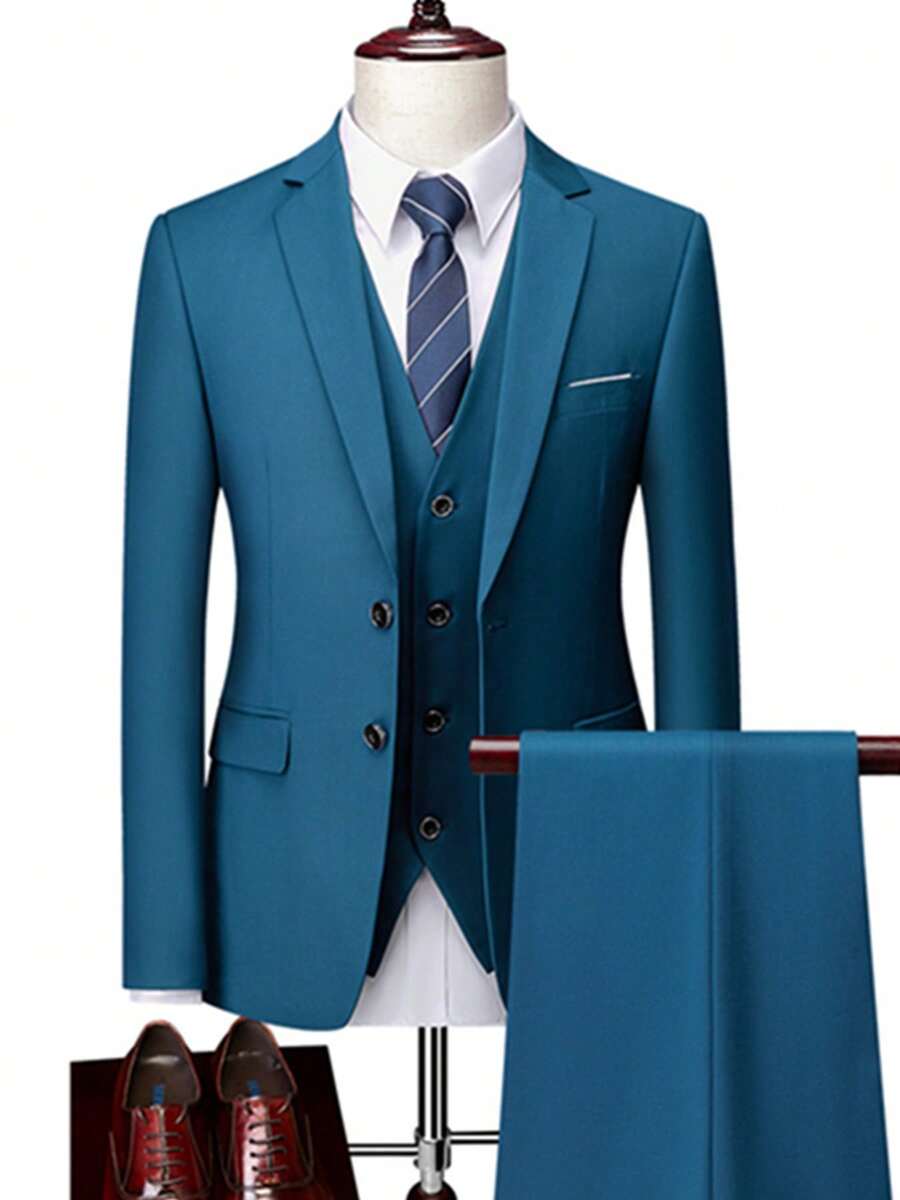 3 件套男士时尚修身纯色弹力西装套装，包含夹克、背心和裤子，商务/正装