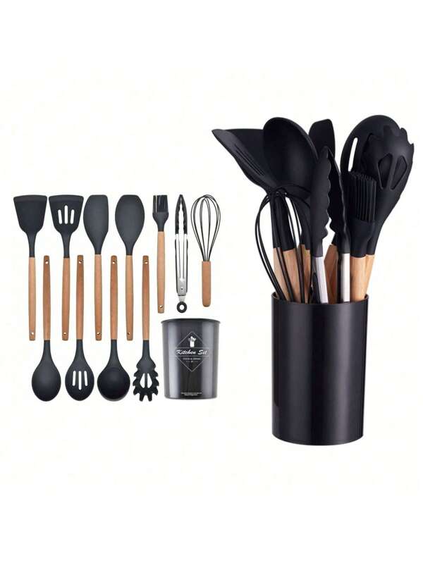 Utensilios de cocina de silicona antiadherente con mango de madera - Seguros y fáciles de limpiar - Perfectos para cocinar y hornear - Esenciales para la escuela y la universidad