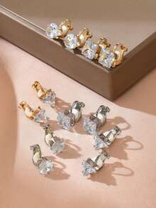 2/6pcs Minimalist Personalized Geometric Rhinestone Hollow Alloy Clip Earrings, No Pierce For Non-Pierced Ears - Multicolor - View 18