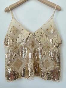 Women Y2K Sequin Cami Top Sparkly V Neck Tank Top Backless Glitter Crop Tops Floral Rhinestone Clubwear - 金色 - 查看 2