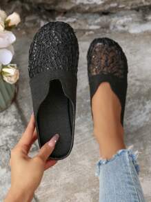 Summer Women Lace Hollow Flat Shoes, Comfortable Linen Casual Backless Mule Sandals