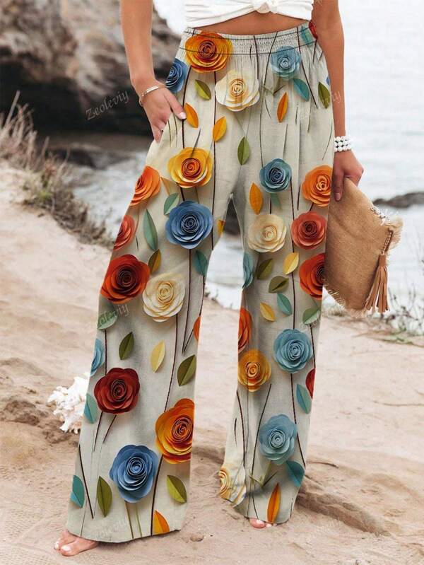 Women's Flowy Palazzo Pants Summer Collection -Fashion Print Boho Trousers With Elastic Waist & Drawstring, Tropical Jungle Print Wide Leg Beach Pants For Vacations, Lightweight Breathable Casual Outfits #BohoChic #ResortWear