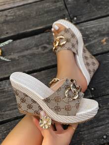 Women's Summer New One-Toe Slide Sandals, Thick Bottom Wedge Heel Slip On Platform Casual Lightweight Non-Slip High Heel Slippers - Khaki - View 2