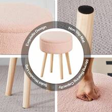 Storage Ottoman Foot Stool Teddy Velvet Round Vanity Stool Tray Top Footstool With Wood Upholstered Foot Rest Ottoman Living Room, Bathroom, Makeup (White) - 粉色 - 查看 6