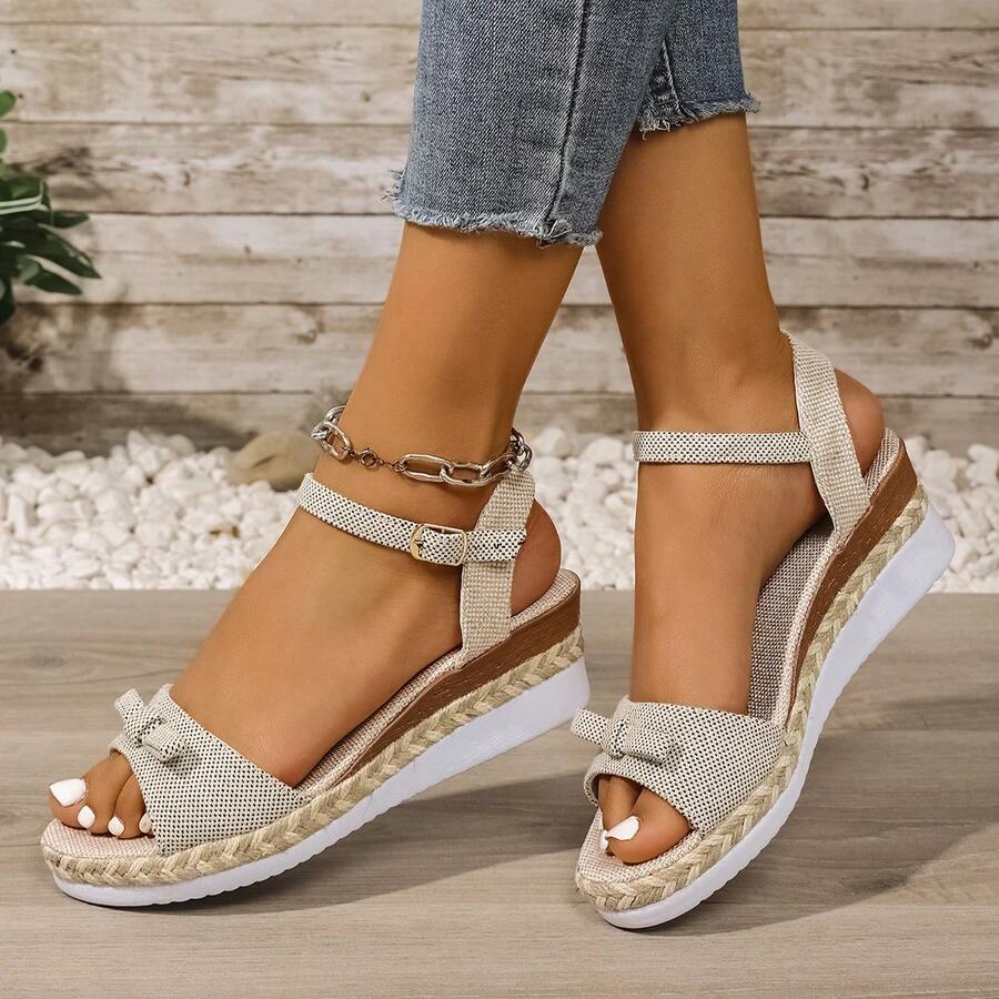 Women's Platform Wedge Sandals, Summer Rope Thick Strap Woven Mesh Open Toe Breathable Casual Chic Slide Sandals - Grey - View 1