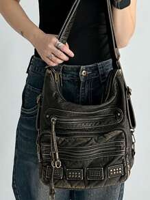 Ladies' Fashionable Retro Rivet Shoulder Bag Y2K Large Capacity Multifunctional Bag Street Style, City Charter Car Bag Crossbody Bag, Antique Bronze Color