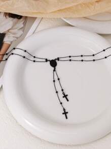 1pc Cross & Jesus Charm Y-Shaped Black Beaded Necklace, Suitable For Women Faith, Prayer, Party, Daily Wear (Random Bead Quantity)