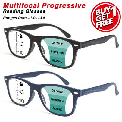 2 st progressiva multifokusläsglasögon, närsynta och långsynta, dubbel användning, klassiska fyrkantiga bågar, bekväma fjädrande gångjärn, unisex