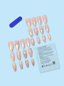 24 片长杏仁形假指甲粉色时尚舞蹈蝴蝶猫眼设计指甲套装带长压指甲适合节日穿着、派对、朋友、约会、日常穿着按压指甲美甲用品指甲 - 粉色 - 查看 2