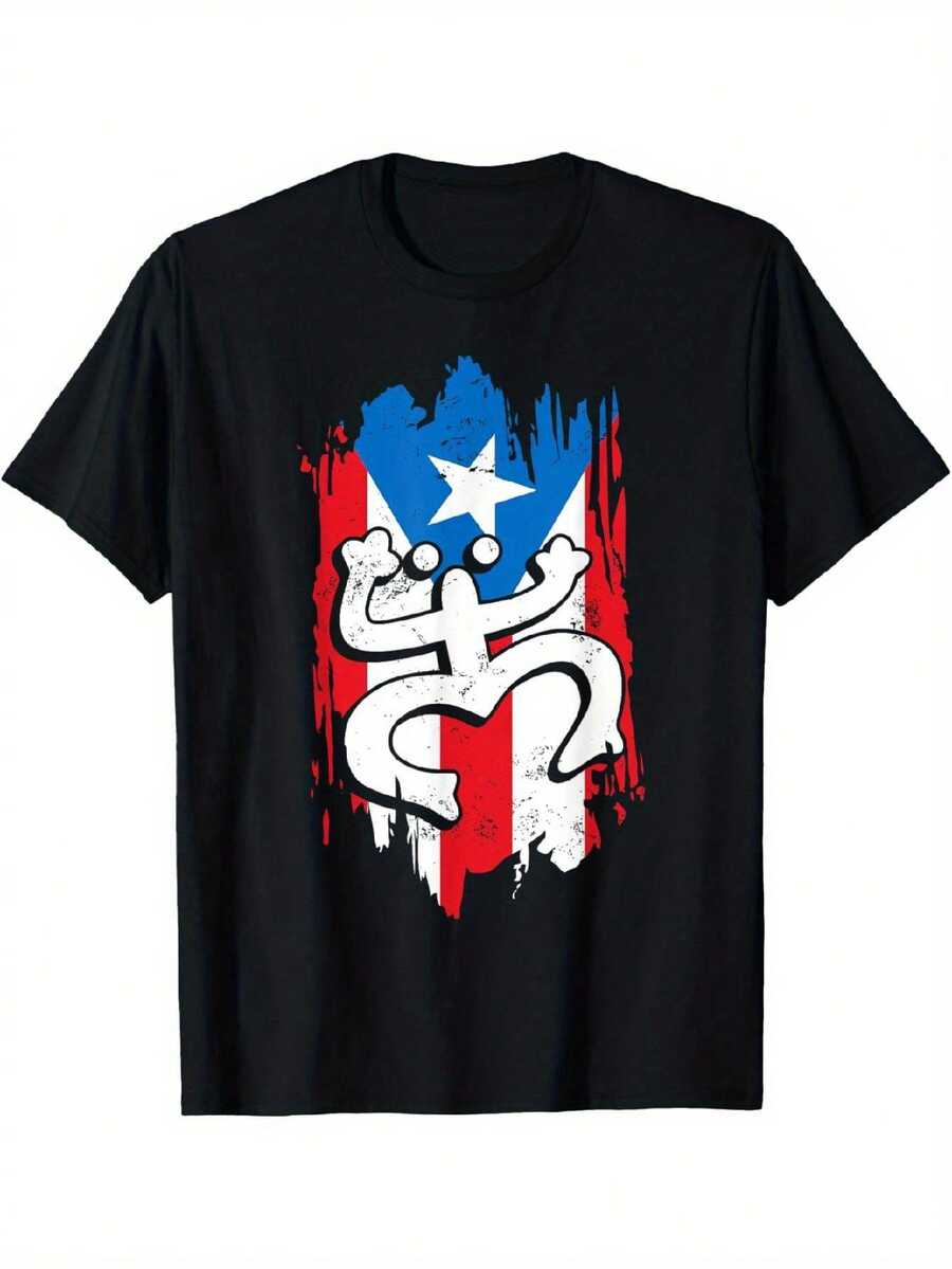 Camiseta retro con el símbolo Taíno del Coqui y la bandera de Puerto Rico - Negro - Ver 1
