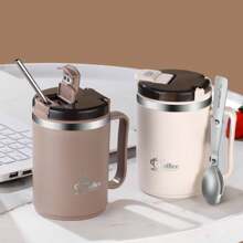 1pc 450/500ml 304 Stainless Steel Coffee Mug With Tea Strainer & Folding Spoon, Double Layer Thermal Insulated Coffee Cup With Handle, Leak-Proof Milk Tea Water Cup, Anti Scalding Drinking Cup Drinkware For Hot & Cold Water, Suitable For Adults & Students Use In Kitchen, School, Office, Dorm, Party, Picnic And Camping