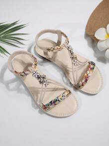 Women's Fashion Roman Style Sandals - Floral Button Design, White Base With Colorful Petal Pattern, Round Toe Flat Heel, Suitable For Summer Casual Wear, Comfortable | Decorative Sandals | Rubber Sole Flip-Flops, With Elastic Strap