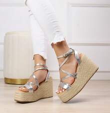 angelica Platform Sandals With Yute Wedge And Cross Straps, Estimated Delivery 1-3 Working Days (Peninsula) - 銀色 - 查看 1