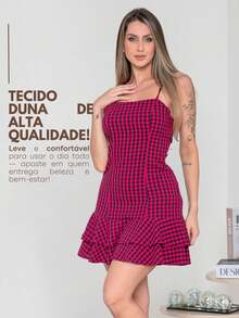 Short Plaid Dress With Bare Back And Crossover For Women's June Party, São João, Duna, Frill, S To L - Màu Hồng Tươi - Xem 4
