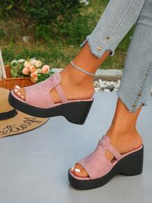 大码女式夏季新款时尚欧美风粉色哑光露趾坡跟高跟凉鞋，适合日常穿着、工作、派对、沙滩、一脚蹬防滑 - 粉色 - 查看 6