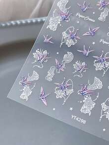 3D 全息纸鹤美甲贴纸 - 自粘式、可重复使用、闪闪发光的彩虹色设计，适用于 DIY 美甲、日记本和笔记本、DIY 美甲浮雕贴纸塑料饰面、美甲 - 淡紫色 - 查看 5