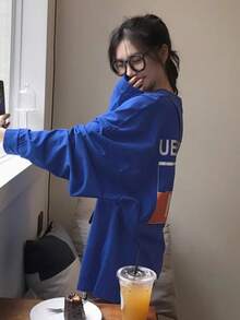 女士宽松休闲街头字母印花长袖 T 恤，百搭日常穿着，春/秋 - 藍色 - 查看 9